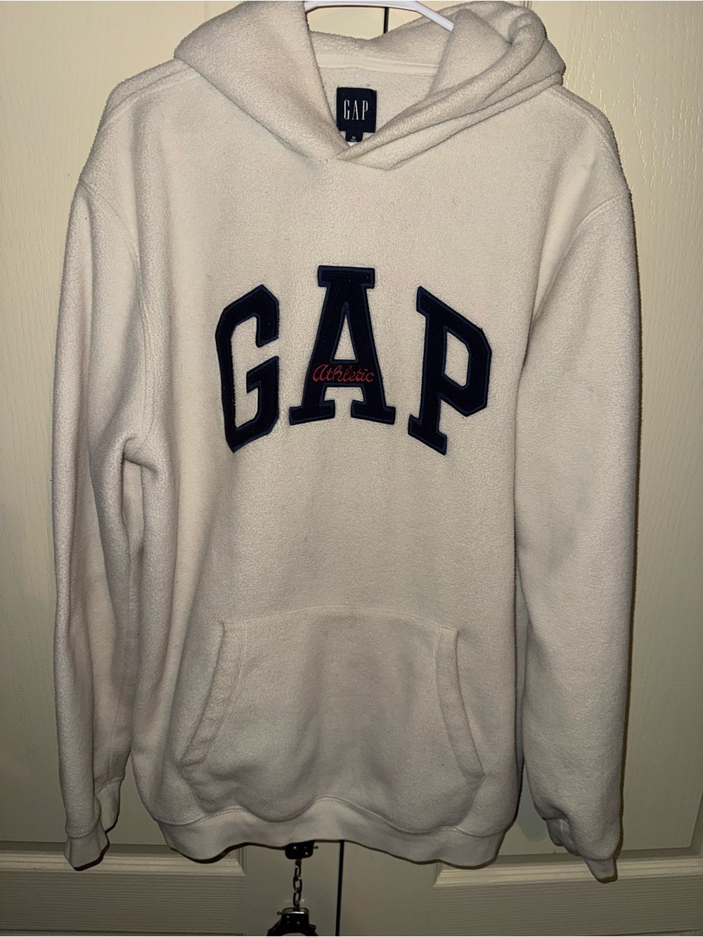 Gap Mens Medium White Logo Pullover Hoodie Fleece Sweatshirt size Medium